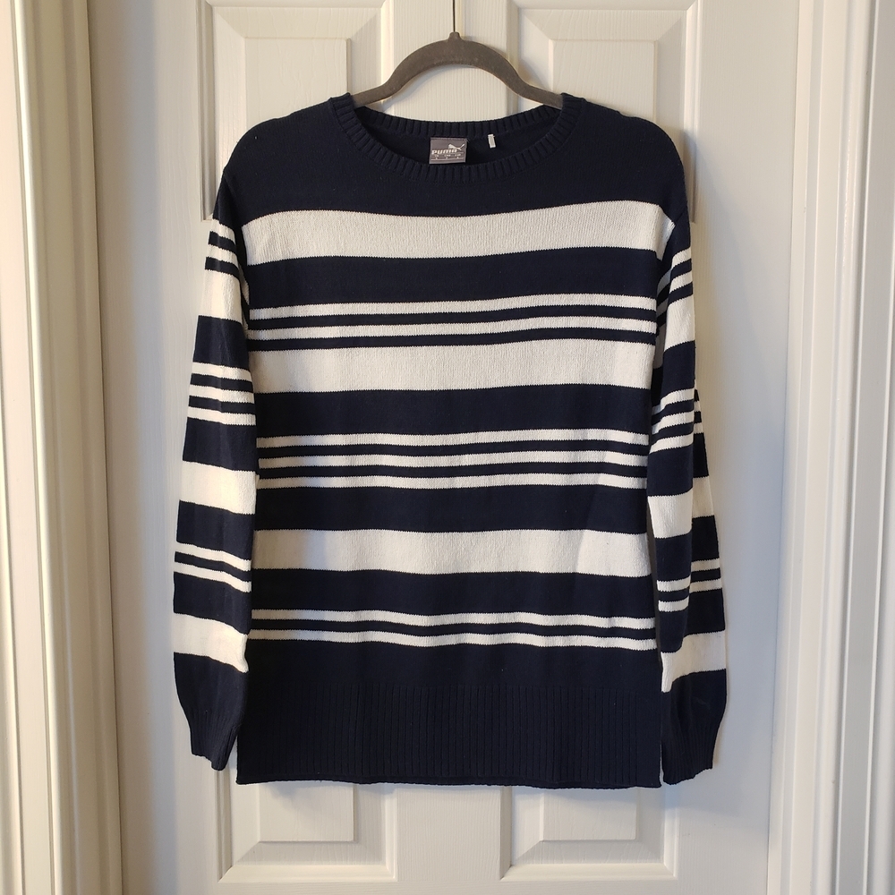 Puma Woman's Navy and White Striped Crewneck Sweater